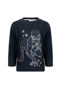 Dunkelblaues Langarmshirt mit weißer Umrandung von Spider-Man, der hockt und Netze schießt, umgeben von kleinen Spinnen-Icons.