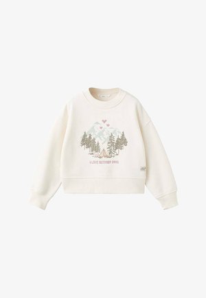 Crème sweatshirt met een grafiek van bergen, bomen en een tent, roze harten erboven, en de tekst "IK HOUD VAN BUITENDAGEN" op de voorkant.