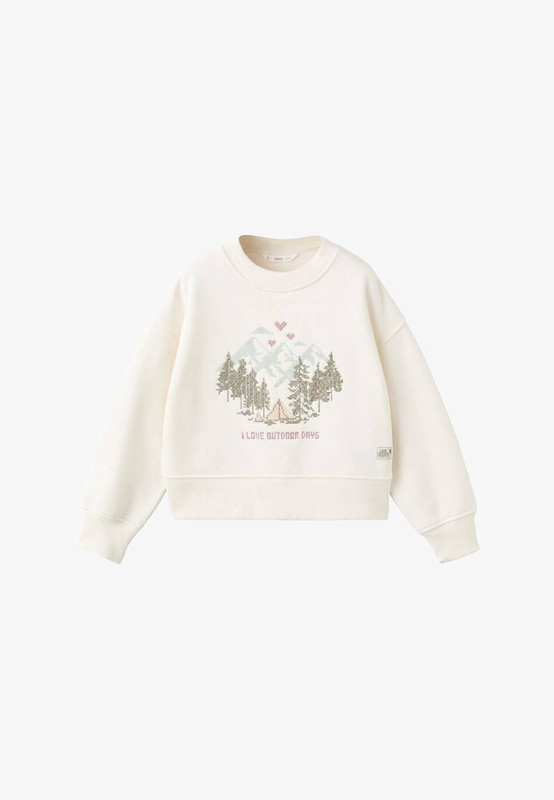 Kremowy sweatshirt z graficznym motywem gór, drzew i namiotu, różowe serca powyżej oraz tekst "KOCHAM DNI NA ŚWIEŻYM POWIETRZU" z przodu.