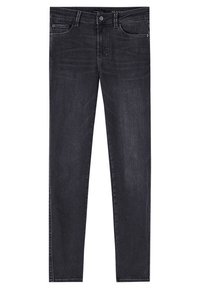 Tummansiniset farkut, joissa on kapea istuvuus, viisipaikkainen design, hienovarainen kulutusviiru ja perinteinen nappi- ja vetoketjusuljin.