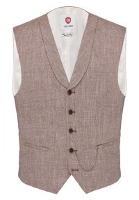 Brun mönstrad väst med djup V-ringning, fem knappar, två frontfickor och en kedjedetalj. Fodrad med vit tyg.