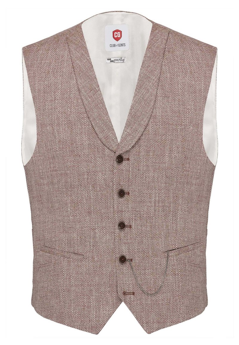 Brun mönstrad väst med djup V-ringning, fem knappar, två frontfickor och en kedjedetalj. Fodrad med vit tyg.