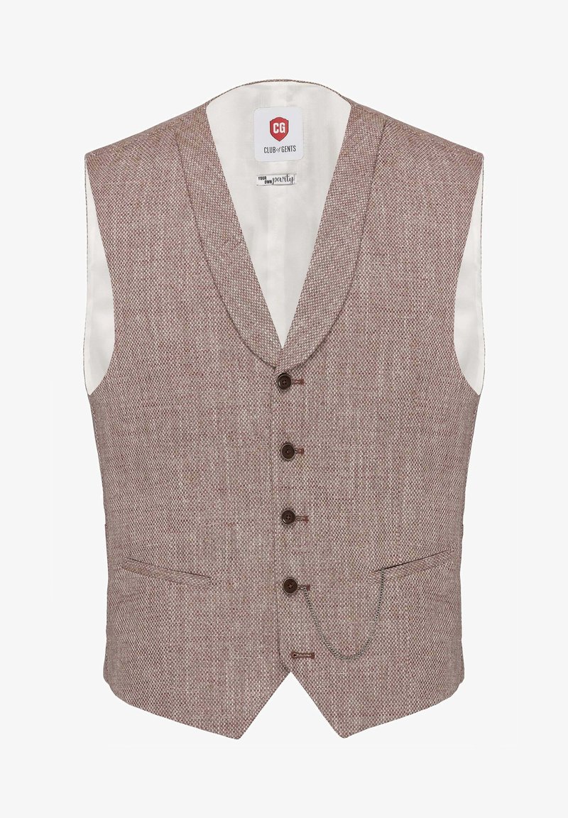 Brązowa kamizelka w wzory z głębokim dekoltem w kształcie V, pięcioma guzikami, dwiema przednimi kieszeniami i detalem w postaci łańcucha. Wyłożona białą tkaniną.