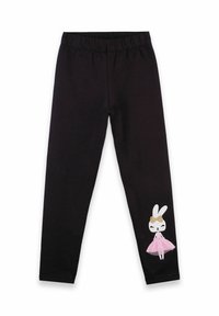 Leggings neri con vita elastica. Presentano un personaggio di coniglio bianco stampato con un vestito rosa e un accento di fiocco dorato sulla gamba sinistra.