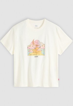 Cream-colored cotton t-shirt featuring a multicolored graphic of clouds, a crescent moon, and the text "Levi's" at the center.