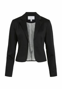 Černý blazer s přiléhavým střihem, klopovými límci a dlouhými rukávy. Interiér má bílou a černou pruhovanou podšívku. Hladká textura.