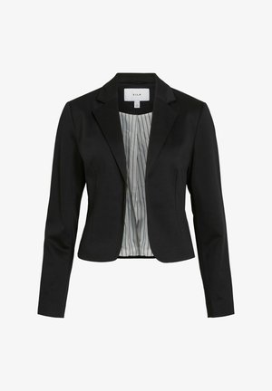 Blazer noir avec un design ajusté, des revers à cran et des manches longues. L'intérieur présente une doublure rayée noire et blanche. Texture lisse.