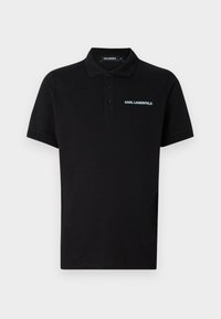 Polo shirt nera in cotone, con colletto a tre bottoni, maniche corte e logo blu sul lato sinistro del petto.