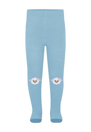 Helle blaue Baumwollstrumpfhosen mit gestickten Schafmotiven auf den Knien, die einen weißen, flauschigen Körper und rosa Akzente aufweisen. Glatte Textur.