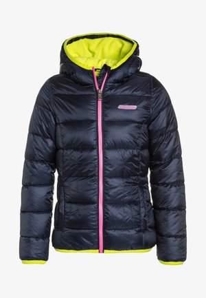 Doudoune marine avec fermeture éclair rose vif, capuche et doublure en polaire jaune. Dotée d'une texture matelassée et de poignets et d'un ourlet élastiques.
