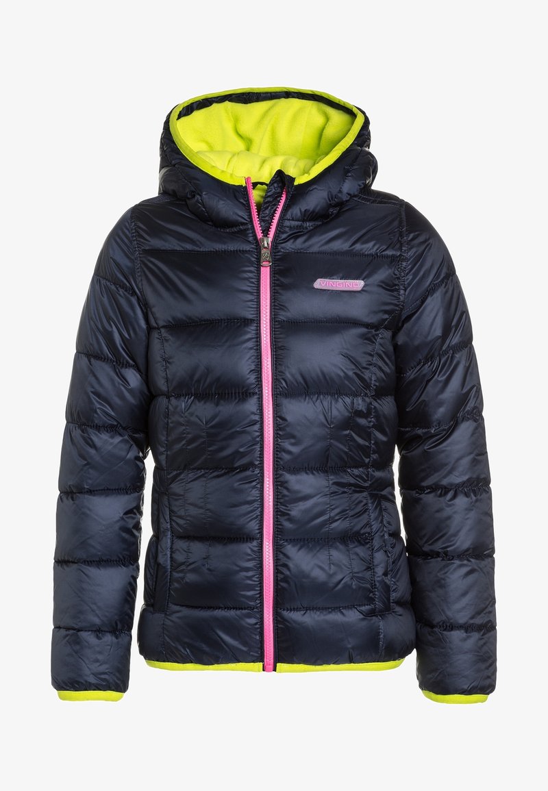 Doudoune marine avec fermeture éclair rose vif, capuche et doublure en polaire jaune. Dotée d'une texture matelassée et de poignets et d'un ourlet élastiques.
