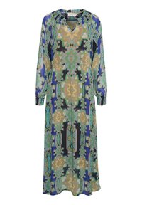 Abito lungo a fantasia con scollatura a V, maniche elastiche e motivo floreale multicolore in verde, blu e giallo su uno sfondo chiaro.