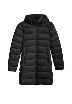 Black puffer coat with a hood, featuring a quilted design, two zippered pockets, and a full front zip closure. Soft, insulated material.