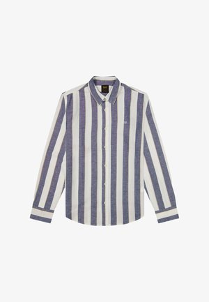 Chemise pour hommes à manches longues avec des rayures verticales blanches et bleues et un petit logo "Lee" sur la poitrine gauche.