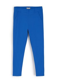Jasnoniebieskie legginsy wykonane z elastycznej tkaniny z elastycznym pasem i dwoma bocznymi kieszeniami. Gładka tekstura i slim fit.
