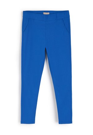 Jasnoniebieskie legginsy wykonane z elastycznej tkaniny z elastycznym pasem i dwoma bocznymi kieszeniami. Gładka tekstura i slim fit.