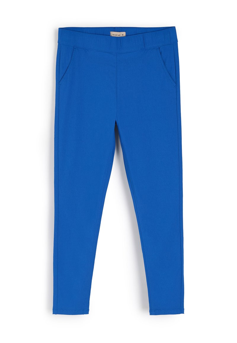 Jasnoniebieskie legginsy wykonane z elastycznej tkaniny z elastycznym pasem i dwoma bocznymi kieszeniami. Gładka tekstura i slim fit.