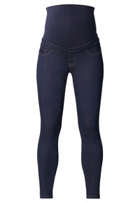 Maternity leggings in dark blue denim. High waist with soft, stretchy fabric. Features pockets and contrast stitching along the seams.