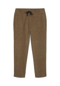Bruine joggingbroek gemaakt van textuurstof, met een verstelbare drawstring tailleband, twee zijzakken en taps toelopende benen.