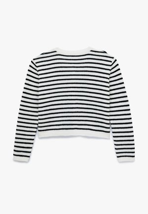 Schwarz-weiß gestreifter Pullover mit langen Ärmeln, runden Ausschnitt und cropped Passform; weicher Stoff mit gerippten Bündchen und Saum.