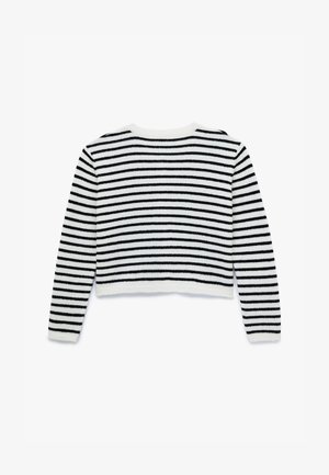 Zwart-wit gestreepte trui met lange mouwen, een ronde halslijn en een cropped pasvorm; zachte textuur met geribbelde manchetten en zoom.