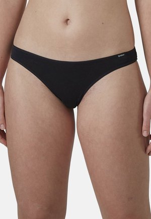 Black cotton bikini-style briefs with a low-rise waistband and minimal coverage. Features soft fabric and a discreet logo on the waistband.
