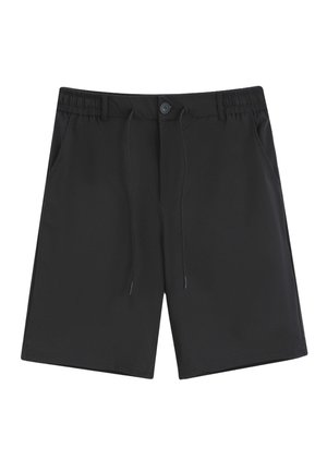 Short noir décontracté avec taille élastique, fermeture par bouton, cordon de serrage et poches latérales, présenté à plat sur fond blanc.