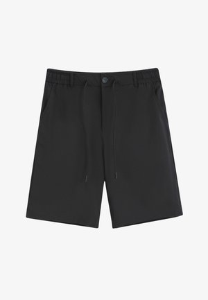 Short noir décontracté avec taille élastique, fermeture par bouton, cordon de serrage et poches latérales, présenté à plat sur fond blanc.