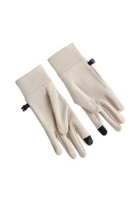 Beżowe rękawiczki o gładkiej fakturze, z mankietem i czarnymi końcówkami na palcach wskazujących, przeznaczone do obsługi ekranów dotykowych.