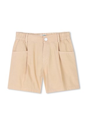 Shorts beiges avec une taille élastique, une fermeture à bouton et deux poches latérales. Le tissu a une texture lisse et un design simple.