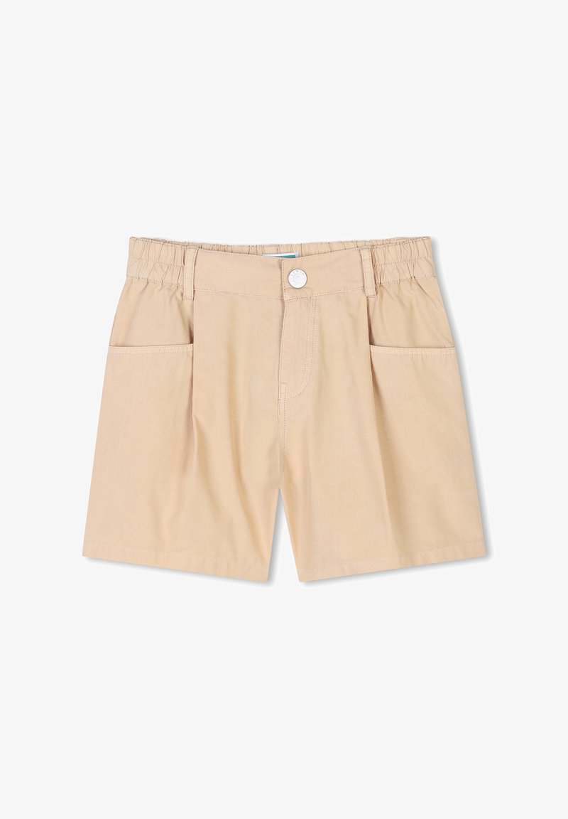 Shorts beiges avec une taille élastique, une fermeture à bouton et deux poches latérales. Le tissu a une texture lisse et un design simple.