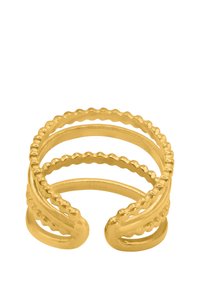 Bague en or avec un design ondulé comportant plusieurs bandes. Les zones texturées incluent des motifs lisses et perlés pour le contraste. Forme ouverte.