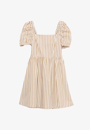 Beżowa i biała sukienka w paski z bufiastymi rękawami, kwadratowym dekoltem i marszczoną talią. Wykonana z lekkiego materiału z rozkloszowaną spódnicą.