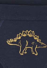 Marineblaue Baumwollshorts mit einem goldenen Stegosaurus-Druck, glatt im Griff und mit elastischem Bund für zusätzlichen Komfort.