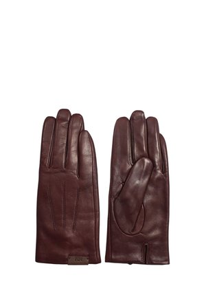 I guanti in pelle marrone presentano una texture liscia, tre linee di cucitura decorative sul retro e un design elegante con un'apertura laterale.