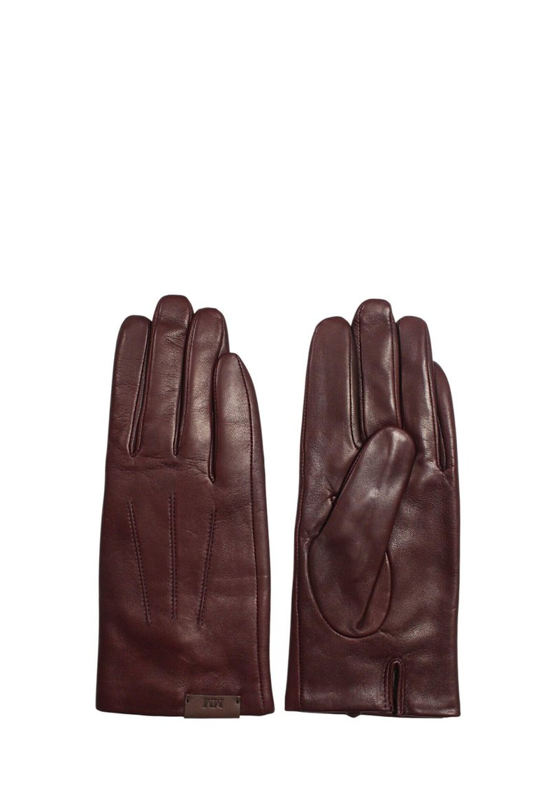 I guanti in pelle marrone presentano una texture liscia, tre linee di cucitura decorative sul retro e un design elegante con un'apertura laterale.