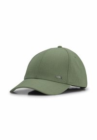 Olive green six-panel baseball cap with curved visor and small silver BOSS logo on front right panel.