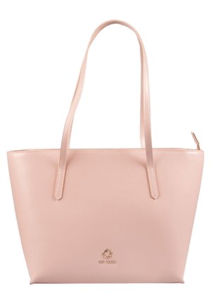 Sac cabas en cuir rose clair avec deux anses d'épaule, fermeture éclair et petit logo embossé près du centre en bas.