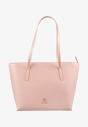 Sac cabas en cuir rose clair avec deux anses d'épaule, fermeture éclair et petit logo embossé près du centre en bas.