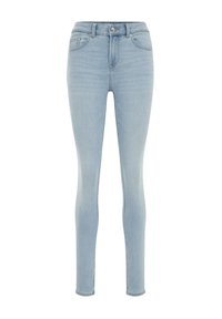 Helle blaue Skinny Jeans aus Denim mit hoher Taille, Fünf-Taschen-Design und subtilen Waschungen auf dem Stoff.
