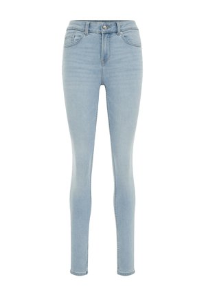 Blugi skinny bleu deschis, realizați din denim, cu talie înaltă, design cu cinci buzunare și detalii subtile de îmbătrânire pe material.