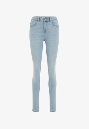 Lyseblå skinny jeans lavet af denim, med høj talje, fem-lomme design og subtile whiskering detaljer på stoffet.