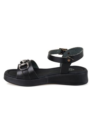Black leather sandal with a wide strap and buckle detail, adjustable ankle strap, cushioned footbed, and a moderately thick sole.