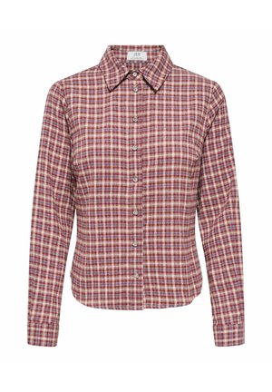 Chemise à manches longues avec boutons, motif à carreaux rouge, blanc et bleu, et col pointu.