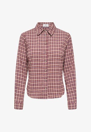 Koszula z długim rękawem na guziki w kratę w kolorach czerwonym, białym i niebieskim, z szpiczastym kołnierzykiem.