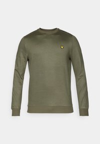 Sudadera de manga larga color verde oliva hecha de material suave, con un pequeño logo amarillo bordado en el pecho izquierdo y puños acanalados.