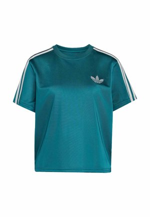 Petrolkleurig Adidas T-shirt met korte mouwen, witte drie-strepen details op de mouwen en klein Adidas trefoil-logo op de linkerborst.
