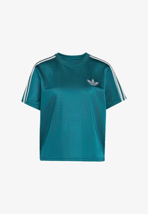Petrolkleurig Adidas T-shirt met korte mouwen, witte drie-strepen details op de mouwen en klein Adidas trefoil-logo op de linkerborst.