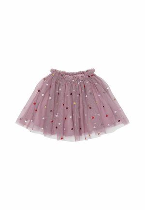 Jupe en tulle lilas avec taille froncée, décorée de petits cœurs brodés de différentes couleurs.