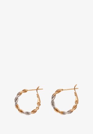 Twisted hoops øreringe lavet af guld og sølvfarvet metal, med en tekstureret overflade og en sikker låsemekanisme bagpå.